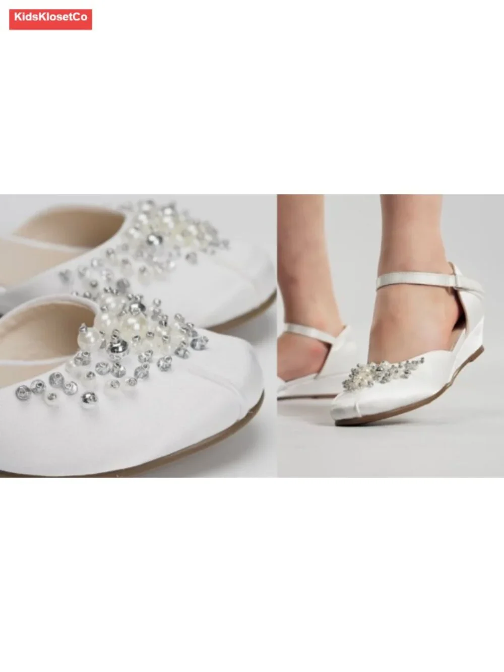 Girls Dress Shoes Low Wedge Pumps with Pearls Rhinestone Flower Girl Princess